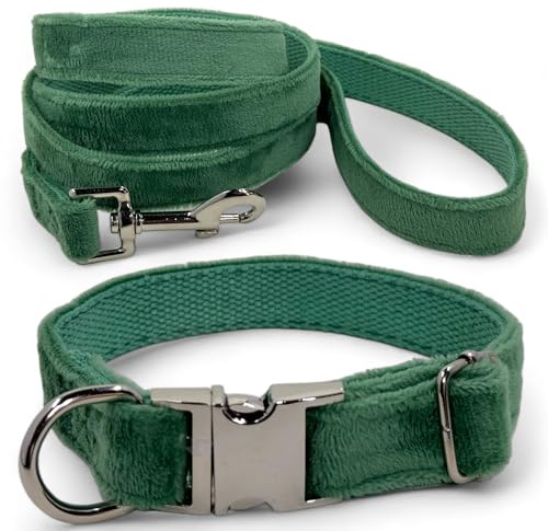 MIJOMA Hundeleine und Hundehalsband Set - 1,20m Leine, verstellbares Halsband, Verschiedene Designs, robust und stilvoll - grün Samt Velours