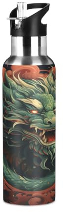 Niigeu Klassischer Chinesischer Vintage Drache Trinkflasche Wasserflasche mit Strohhalm, Thermosflasche Vakuumisolierte aus Edelstahl 18/8, BPA-frei für Kinder Sport Wandern Schule (600ml/1L)