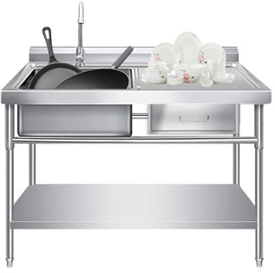 Fregadero de Cocina Comercial de 1 Compartimento,Industriales Fregadero De Acero Inoxidable,con Cajones y Superficie de Trabajo,con Grifos de Agua Caliente y Fría y Pies Ajustables.(Color:Right slot,S