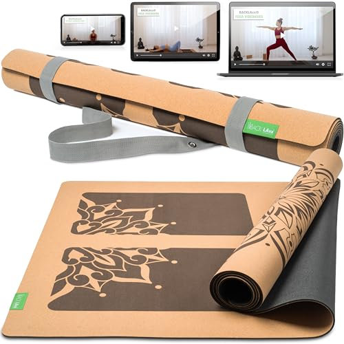 BACKLAXX ® Yogamatte Kork XXL [+50% mehr Fläche] mit Naturkautschuk - Yoga Matte, Yogamatte rutschfest, Fitnessmatte mit Anti-Rutsch-Zonen inkl. Tragegurt (HARMONIE - XL)