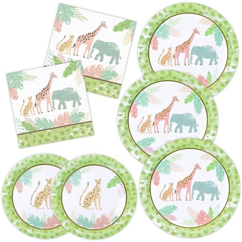ECOHOLA Safari Birthday Party Supplies 9 Disposable Dinner Plates 7 Dessert Plates 6.5 Luncheon Napkins for Wild One Safari Animal Jungle Theme Party Baby Shower Birthday Decorations, Serve 50