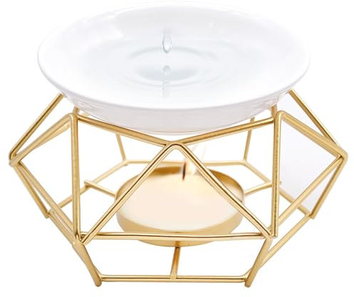 Cisolen Candle Aroma Burner Geometric Ceramic Essential Oil Candle Holder Metal Essential Oil Burner Wax Melt Burner Diffuser with Ceramic Bowl Aromatic Oil Burner Home Bedroom Office Decor