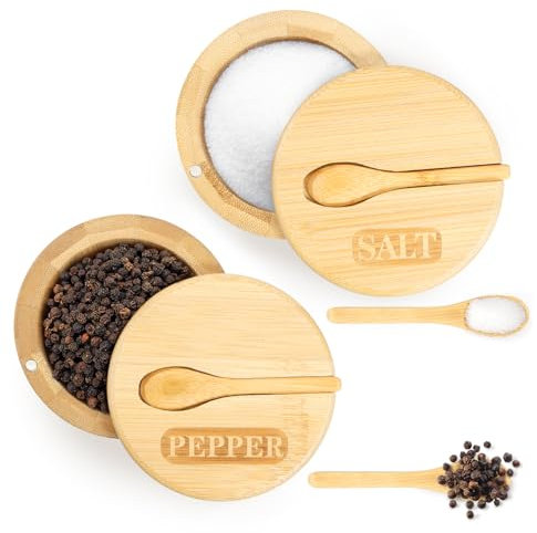 Salt and Pepper Pots with Magnetic Swivel Lid and Spoon, Bamboo Round Pepper Bowl and Salt Box, 5oz Salt Cellar Kitchen Seasoning Storage Container for Salt, Pepper, Sugar, Spice
