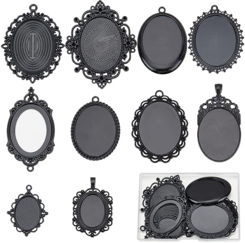 SUNNYCLUE 1 Box 10 Styles Blank Pendants Tray Bezel Charms Large Black Alloy Blanks Cabochon Settings Photo Elliptical Trays Charm for Jewellery Making Crafts Necklaces Wedding Festive Decoration Gift