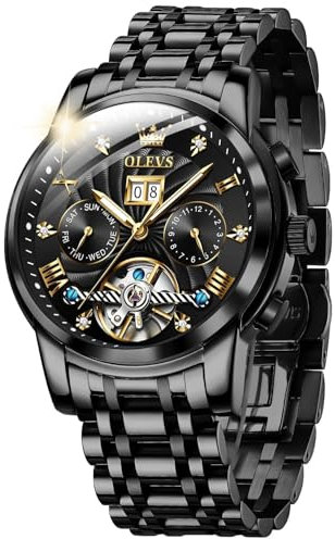 Herrenuhren Automatik Skelett Mechanische Armbanduhr Schwarz Zifferblatt mit Diamanten Tourbillon Wasserdicht Luminous Tag Datum Schwarz Edelstahlarmband