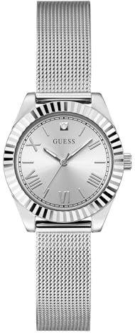 GUESS Damen Armbanduhr GD MINI Luna mit Zirkonia, silberfarbenes Edelstahlarmband, Mineral Glas, silbernes Ziffernblatt, 3 Bar, Gehäusedurchmesser: 30 mm, GW0842L1