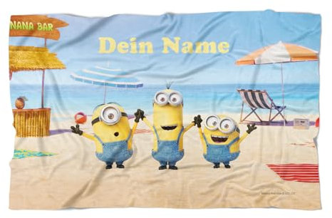 PICANOVA Minions Handtuch Kinder Badetuch mit Name 200x150 cm – Frottee-Badetuch mit individuell bedrucktem Text – Geschenk für Fans von Despicable Me – Minions Beach Day