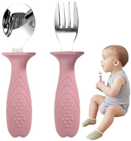Zegaqae Set de Couverts Bébé | Ustensiles Bébé - Set Fourchette Et Cuillère Apprentissage - Silicone Alimentaire Sécurisé, Poignées Ergonomiques Anti-Choque Pour Diversification 6+ Mois