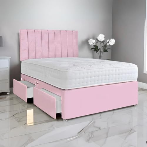 amu - Luxurious 4FT6 Stripe Double Bed with 2 Storage Drawers | Plush Fabric | Elegant Space-Saving Comfort for Restful Sleep | Built to Last (Pink)