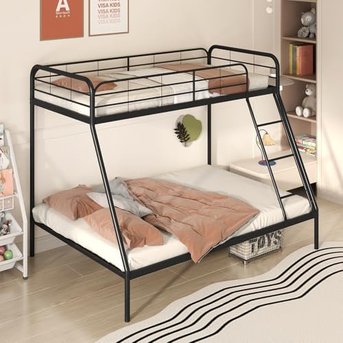 Multigot Metal Bunk Bed, Single Over Double Triple Sleeper Beds with Ladder, Safety Guardrail and Under-Bed Storage, Space-Saving Slatted Loft Bed Frame for Teens Adults, No Box Spring Needed (Black)