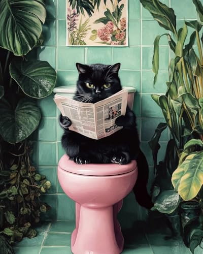 Peinture par Numéro Adultes Chat noir assis sur les toilettes et lisant le journal avec Pinceaux et Acryliques Bricolage Peintures Kits pour Enfants Seniors Débutant, pour la Décoration Intérieure