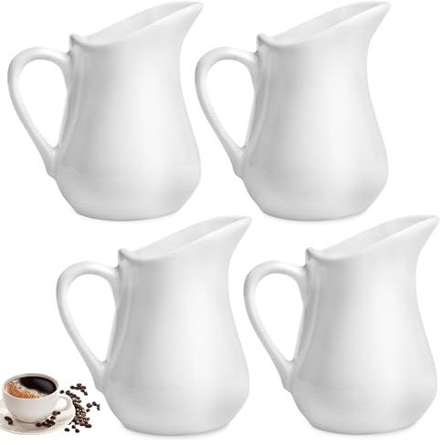 4 Stück Milchkännchen Porzellan Weiß, 80ml Kleine Milchkanne mit Griff, Aufschäumkännchen, Milk Jug, Mini-Kännchen, Sahnekännchen für Milch, Kaffee, Saucen, Küche, Bar, Café