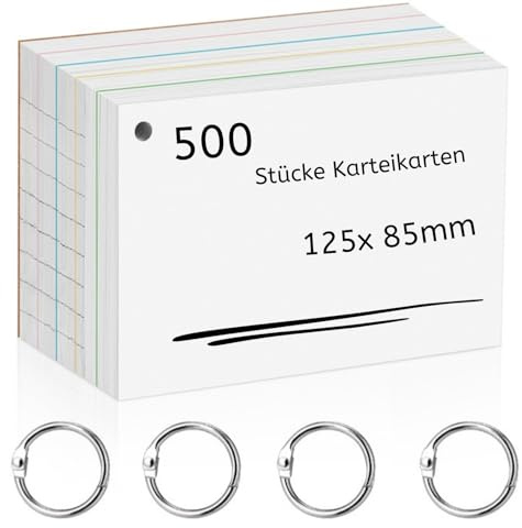 Agoer 500 Stücke Karteikarten,Doppelseitiger Druck Liniert Karteikarten(125 x 85mm)mit Krafteinband und Loseblattring Lernkarten Weiß Revisionskarten Vokabelkarten für Unterwegs Vokabel Lernen