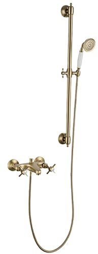 Robinet de Baignoire en Or brossé avec douchette, Ensemble de Douche Mural avec Barre de Douche relevable, Robinet de Baignoire en Laiton avec poignée à Double Croix