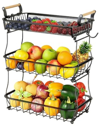 Ribech Obstkorb 3-stöckig mit 2 Bananen-Aufhängern, Metall-Draht für Küchenarbeitsplatte, Gemüseaufbewahrung, Obstständer schwarz, Großraum-Obstkorb mit Bananenhalter