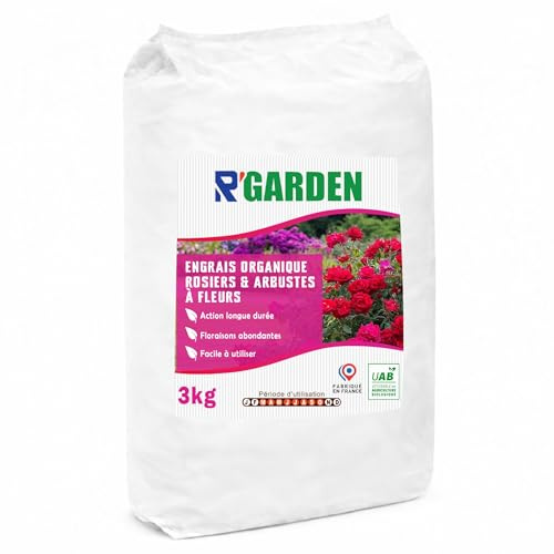 R’GARDEN – Engrais organique Rosiers & Arbustes à fleurs – Croissance, floraison et feuillage renforcés – Utilisable en Agriculture Biologique – Fabriqué en France (3Kg)