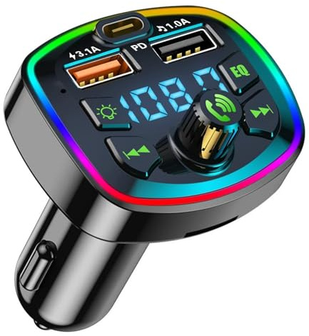 FM Transmitter Auto Bluetooth 5.0 KFZ Bluetooth Adapter Auto Freisprecheinrichtung Autoladegerät Zigarettenanzünder Type-C et 2 USBA(QC 3.0+PD 30W) LED-Licht Freisprechen Car Musik-Player