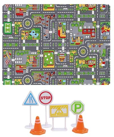 TIMJJG 1 Stück Städtischer Straßenteppich, 6 Stück Straßensperrenverzierungen Aus Kunststoff, Rutschfester Verkehrsteppich Für Kinder, Interaktive Spiele Für Lustige Autos, Verkehrszeichen-Plug-Ins.