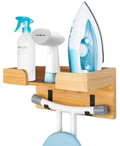 Tapeera Wooden T-shaped Ironing Board Hanger Wall Mount, Space Saving Iron Holder for Laundry Room Decor Accessories and Organization