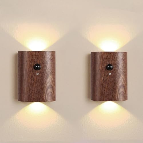 Wooden Motion Sensor Wall Light Rechargeable Magnetic Hallway-Sapele,2 PCS | Step light with USB-C, stick on magnetic mount, warm LED glow, minimalist style for stairs,closets,stairs,sconce,entryways