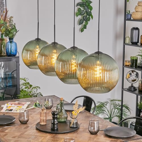 HOFSTEIN Hängeleuchte Koyoto, 4-flammige Hängelampe aus Metall/Riffelglas in Schwarz/Grün, moderne Pendelleuchte im Retro/Vintage-Design (Schirme Ø 30 cm), E27, Esszimmer, Küche, Wohnzimmer