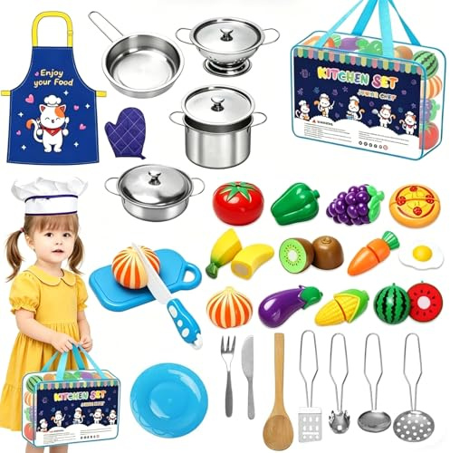TOSUTO Giochi Cucina Bambini 32 Pezzi Giocattoli da Cucina per Bambini,Cucina Accessori Cucina Bambini,Giocattolo per Bambini Set di Pentole e Padelle in Acciaio Inossidabile,Utensili da Cucina