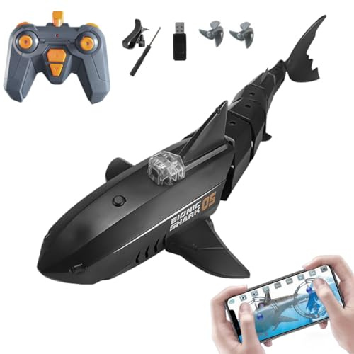 RC Hai Boot mit Unterwasserkamera, APP Steuerung & 2.4G Fernbedienung, HD Live Kamera, 360° Bewegung, Doppelpropeller Motor, Ferngesteuertes Shark Boot Spielzeug für Pool See Aquarium（Black Shark）