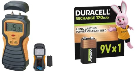 Brennenstuhl Feuchtigkeits-Detector MD (Feuchtigkeitsmessgerät/Feuchtigkeitsmesser für Holz oder Baustoffe, Holzfeuchtemessgerät mit LCD-Display) + Duracell 9V 1 wiederaufladbar