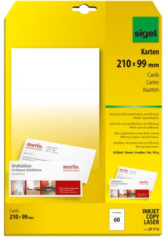 SIGEL LP713 PC-Korrespondenz-Karten DIN lang, beidseitig bedruckbar, weiß, 185 g, 60 Stück