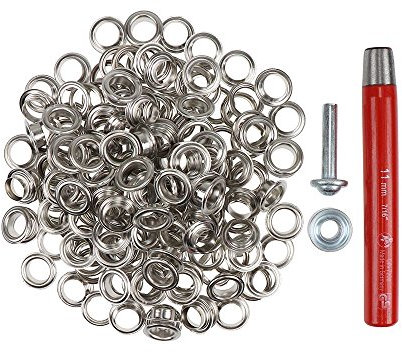 Langlauf Schuhbedarf 100 Stück Ösen 11mm rostfrei mit Scheiben + Locheisen & Ösenwerkzeug – Komplettset für Leder, Stoff, Planen, Bastelarbeiten, Outdoor, Zelte, Textilien – Beste Qualität (silber)