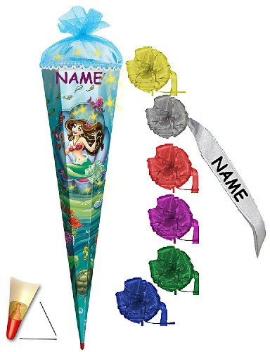 alles-meine.de GmbH 3-D Schultüte - Meerjungfrau mit Fischen 70 cm - incl. Namen und individueller Schleife mit Holzspitze/Filzabschluß mit Perlen + Glitzer + Glitzerborte - Zu..