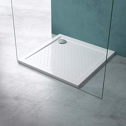 Mai & Mai Piatto Doccia Antiscivolo con Piletta 90x90x4cm, Piatto Doccia Quadrato Lucia01AR in Acrilico incl. Piletta di Scarico (AL01), Bianco
