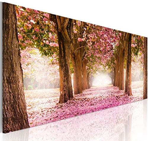decomonkey Bilder Blumen Landschaft 135x45 cm 1 Teilig Leinwandbilder Bild auf Leinwand Vlies Wandbild Kunstdruck Wanddeko Wand Wohnzimmer Wanddekoration Deko Natur Wald Alee