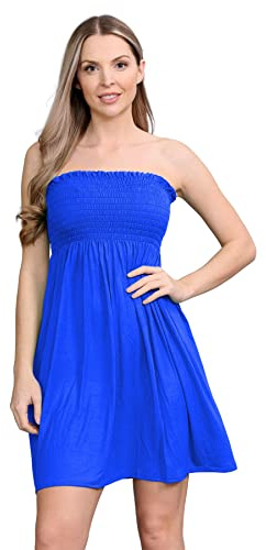 janisramone® Womens Bandeau Dress, Boob Tube Sheering Ruched Flared Mini Dress, Plain Strapless Summer Dresses, Perfect Holiday & Beach Dresses for Women UK Royal Blue