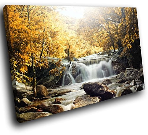 Framed Canvas Prints Colourful Wall Art - Yellow Forest Waterfall Cool - Modern Scenic Living Room Bedroom Piece Home Decor Interior Design Easy Hang Guide - WOYW