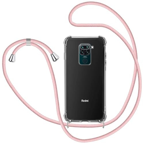 SAMCASE Funda con Cuerda para Xiaomi Redmi Note 9, Carcasa Transparente TPU Suave Silicona Case con Correa Colgante Ajustable Collar Correa de Cuello Cadena Cordón - Oro Rosa