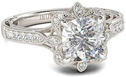 Jeulia Vintage Blume Kissenschliff Sterling Silber Ring für Frauen Ehering CZ Solitaire Verlobungsringe Jubiläumsversprechen Schmuckbox (Silber, 58 (18.5)) (Silber, 50 (15.9))