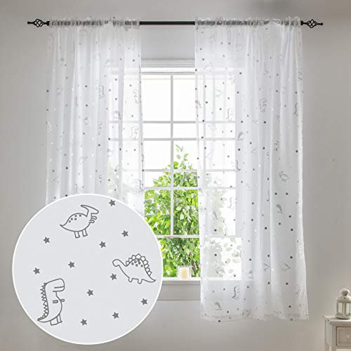 SEEKRIGHT Twinkle Silberfolie Bedruckte weiße Vorhänge für Baby-Kinderzimmer – Stern und Dinosaurier Fenstervorhänge für Jungenzimmer 84 Zoll Länge, Set 2 Paneele