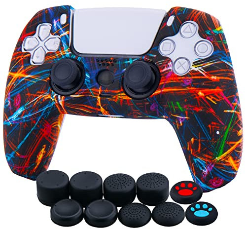 YoRHa Water Transfer Printing Silicone Thickened Cover Skin Case for PS5 Dualsense Controller x 1(Night Beam) with Thumb Grips x 10