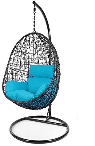 Kideo Komplettset: Hängesessel mit Gestell & Kissen, Poly-Rattan, Schaukel, Lounge (Gestell- und Korbfarbe: schwarz, Kissen: blau Nest (5050 SkyBlue))