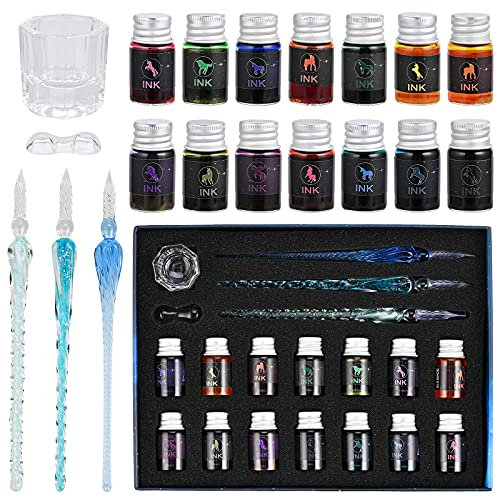 GOLDGE Lot de 19 Stylos à Encre en Verre - 3 Stylos en Cristal, 14 Encres Colorées et Support - Pour l'Art, l'Écriture, les Signatures, les Affiches et la Décoration