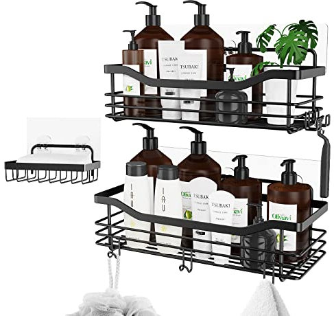Orimade Duschkörbe Ablagen Wandablage Badezimmer Seifenkorb mit 5 Haken Badezimmer Duschkorbe Badregal Selbstklebend Ohne Bohren SUS304 Edelstahl - 3 Stück(Schwarz)