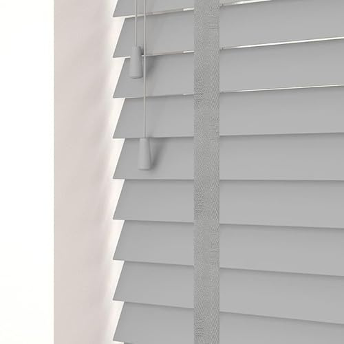 funky gadgets smooth Faux Wood wooden Venetian Blinds ONE With STRINGS and THE OTHER with TAPE 50mm Slats TRIMMABLE (Grey With Tape, 105cm width x 150cm drop)