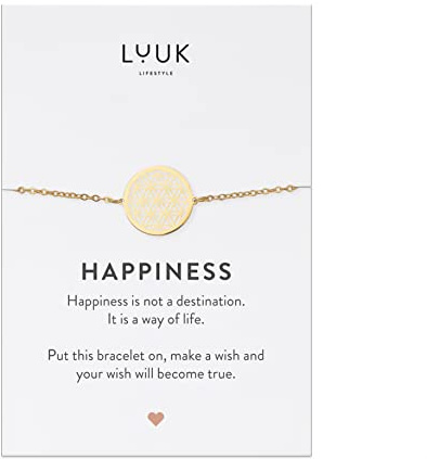 LUUK LIFESTYLE Moderne Edelstahl Damen Armbänder mit Anhänger, HAPPINESS Spruchkarte, filigraner Damenschmuck, Geschenkidee, Glücksbringer, Gold, Silber und Roségold