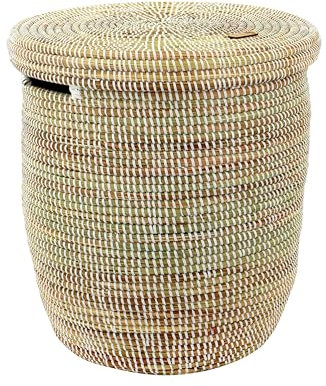 YAADU Aufbewahrungskorb mit Deckel 42L – Wäschekorb geflochten, Korb mit Deckel, Wäschesammler, Korb für Kinderzimmer. Afrikanischer Korb, Korb mit Henkel, Modell Timbuktu(weiß)