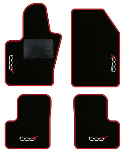 QUEMAR Tappetini Auto compatibili con 500X / Kit Tappeti in Moquette e Gomma su Misura (Set 2 Anteriori + 2 Posteriori)/ Ricami e Colori Personalizzati (Bordo Rosso, 4 Ricami)