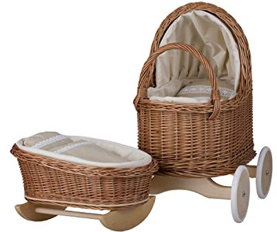 e-wicker24 Alles aus Weide Passeggino e culla per bambole in vimini con biancheria da letto in rosa