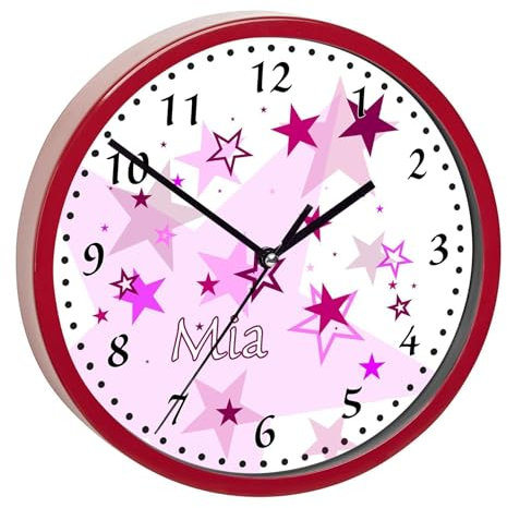 CreaDesign, Wanduhr Kinder personalisiert mit Name, Motiv Sterne rosa, Rahmen Wanduhr rot, Ø 19,5 cm