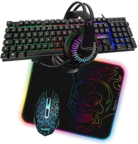 Amstrad Pacchetto Gamer Battle 5 pezzi: Tastiera, Mouse & Tappeto, Cuffie & Adattatore. USB & Retroilluminazione RGB
