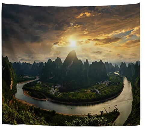 A.Monamour Wandteppich Xianggong-Hügellandschaft Li-Fluss Und Karstberge In Guilin China Stoff Tuch Tapisserie Wandbehang Wanddeko Wandkunst Wandbilder Wandtuch für Wohnzimmer Schlafzimmer 153x229cm